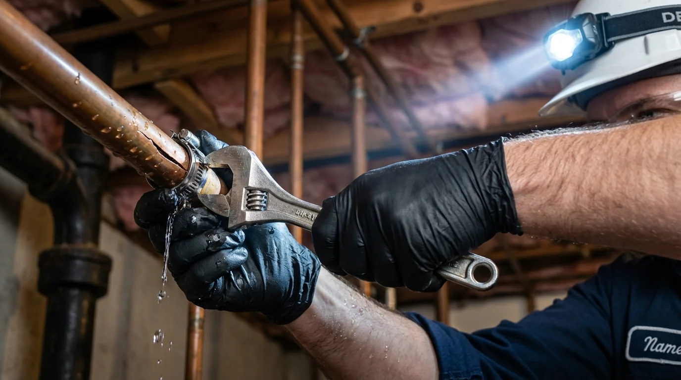 Emergency pipe clamp repair being performed by a Johns Plumbing LLC plumber in Merkel