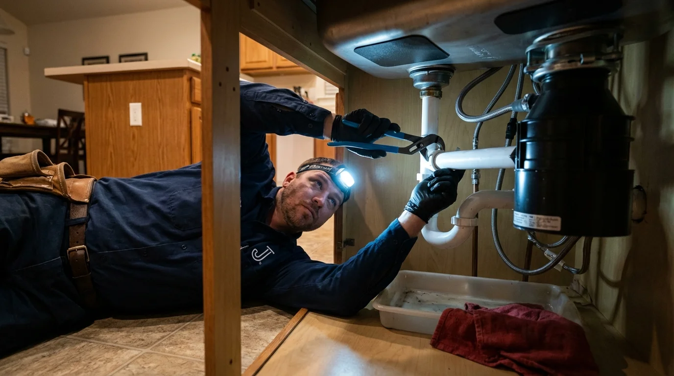P-trap and supply line connections under a kitchen sink showing a common leak point in Merkel, TX